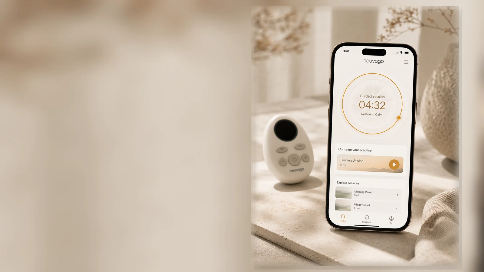 Neuvago app showing a calm guided session beside the handheld device.