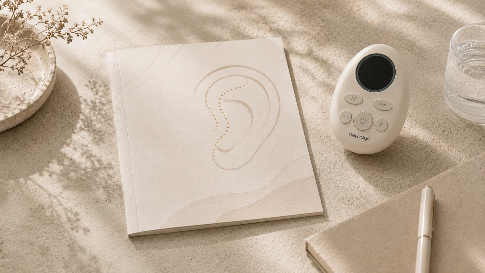 Neuvago device beside an abstract ear-based auricular VNS education card.