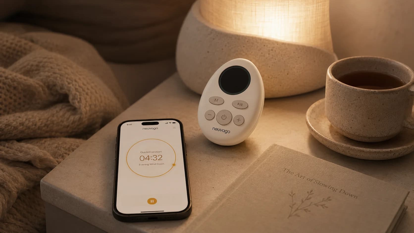 Neuvago device and guided app resting beside a warm evening wind-down routine.