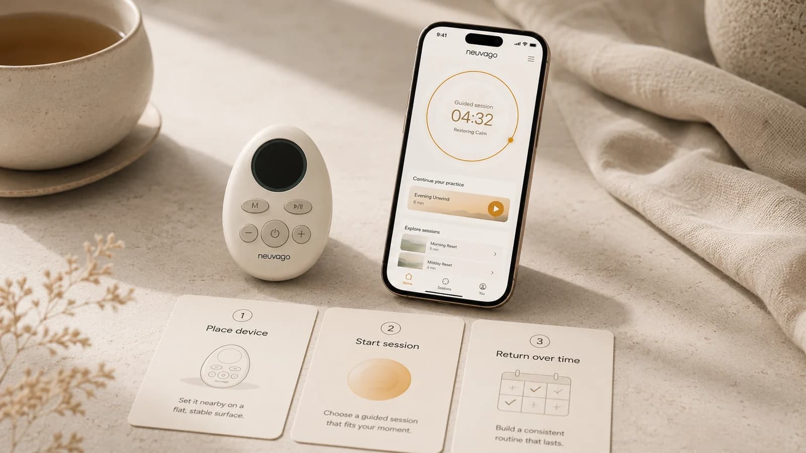 Neuvago device, guided app, and simple routine cards explaining how the system works.