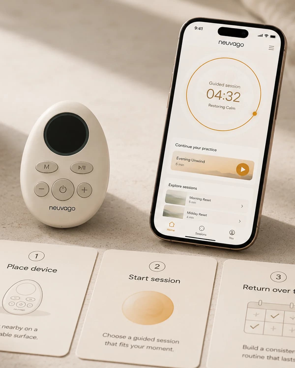Neuvago device, guided app, and routine cards for mobile how-it-works layouts.