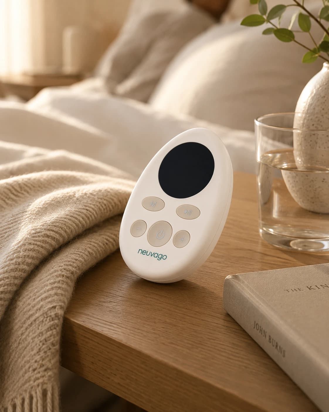 Neuvago device and guided app arranged in a calm morning reset routine.