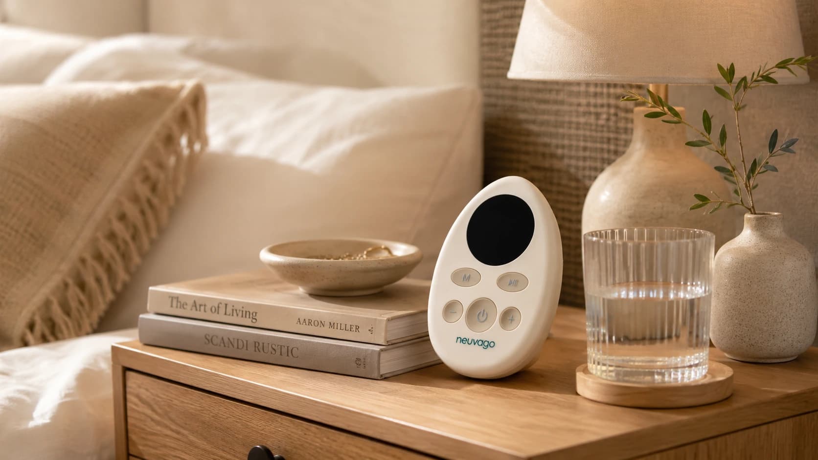Neuvago device, guided app, and simple routine cards explaining how the system works.