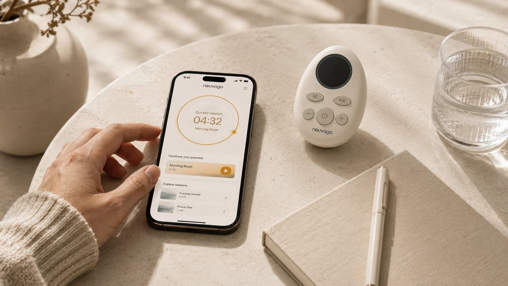 Neuvago device and guided app arranged in a calm morning reset routine.