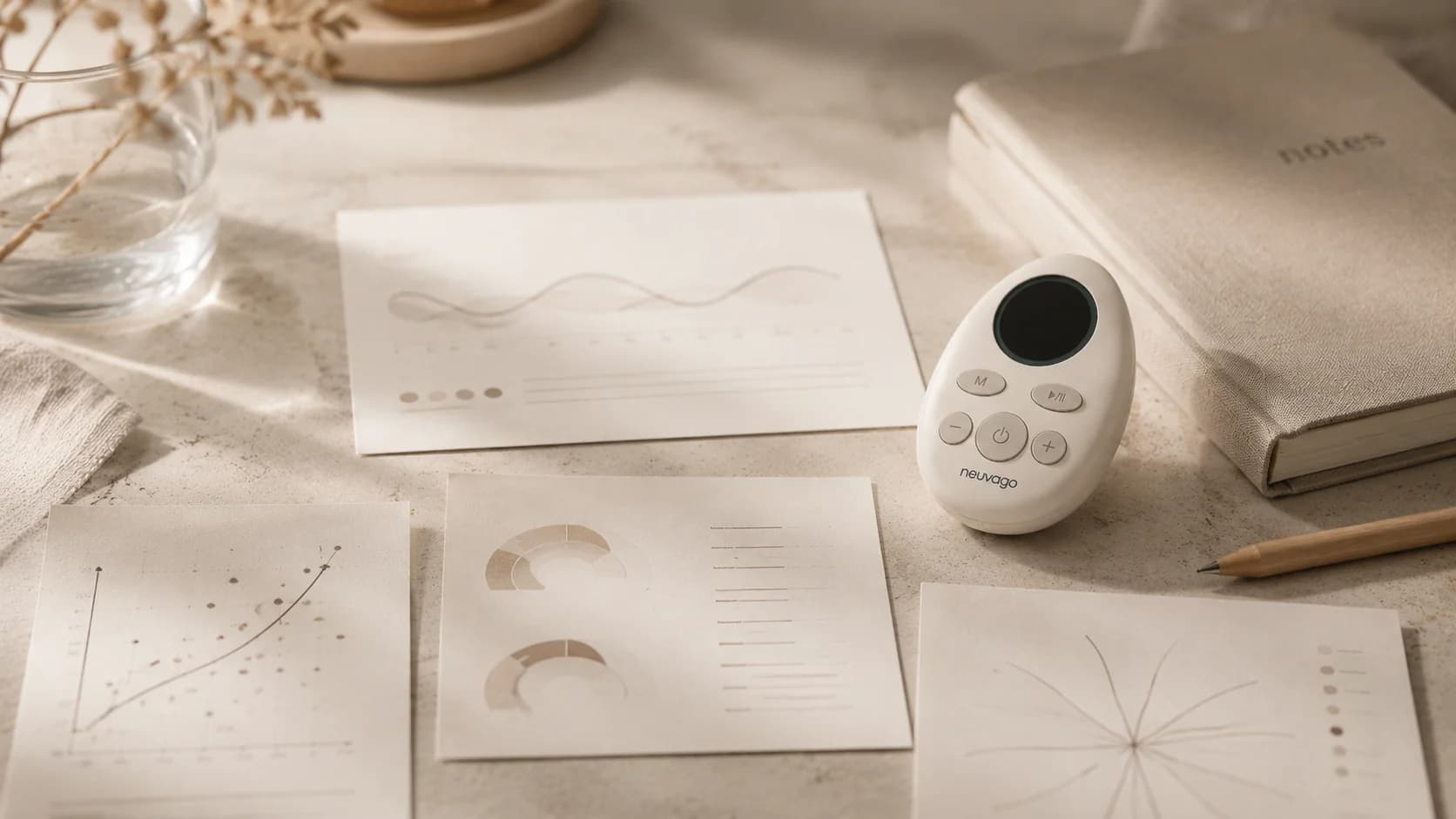 Neuvago device beside abstract research cards and evidence visuals.
