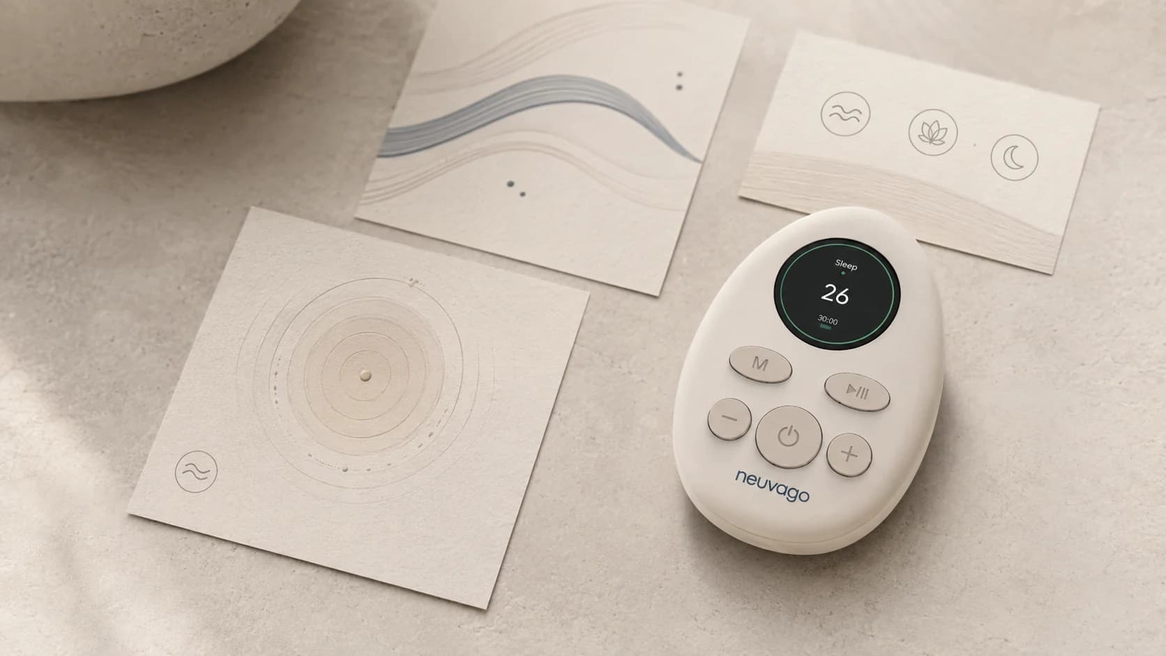 Neuvago device beside abstract transcutaneous VNS method cards.