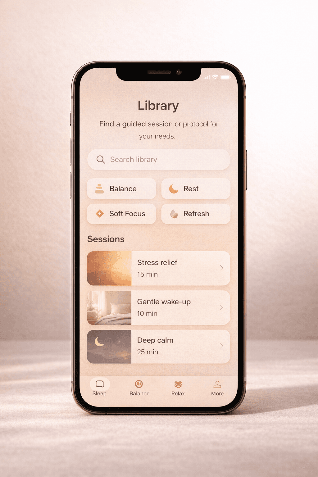 Forhåndsvisning av biblioteket med veiledede økter i Neuvago App.