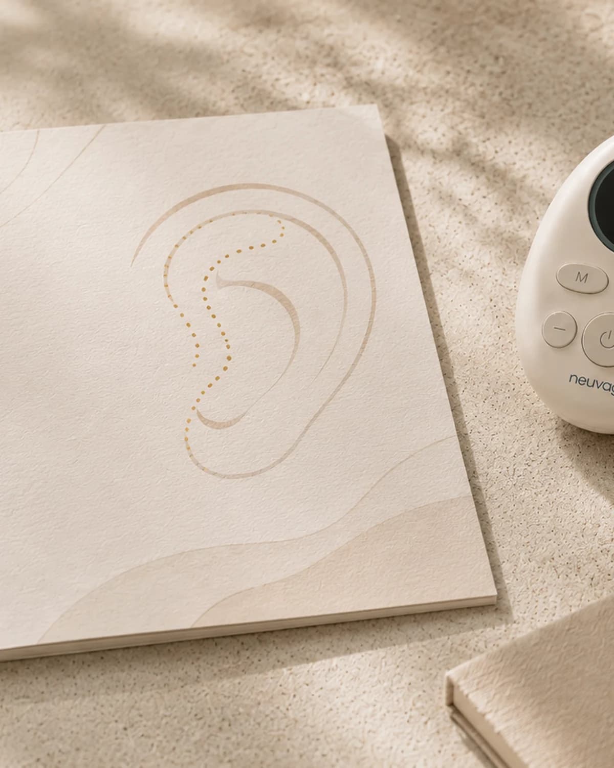 Neuvago device beside a clean illustration of the outer ear.