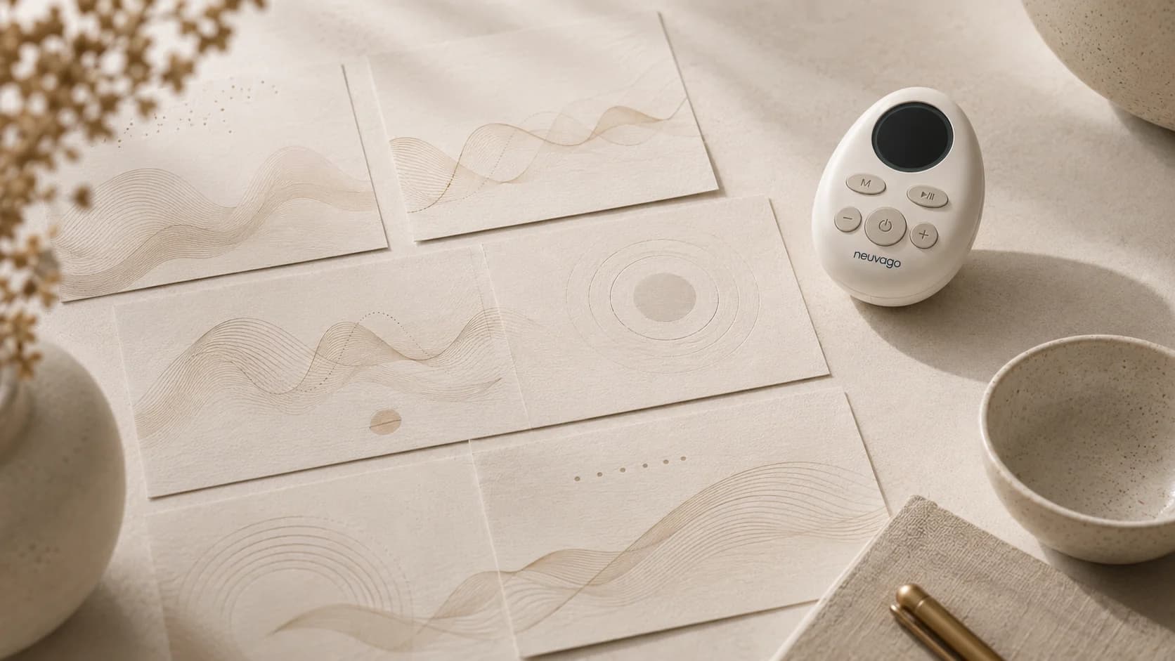 Neuvago device beside abstract rhythm cards for heart rate variability research.