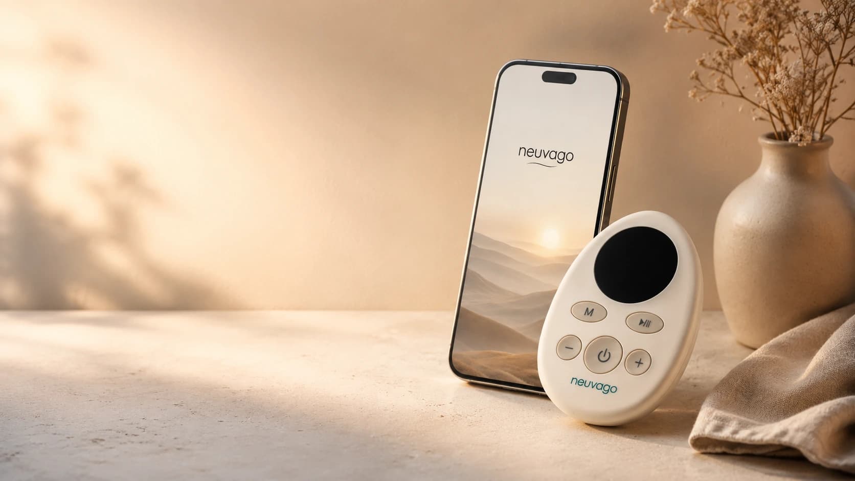 Neuvago-enheten og appen vist sammen i en varm, premium komposisjon.