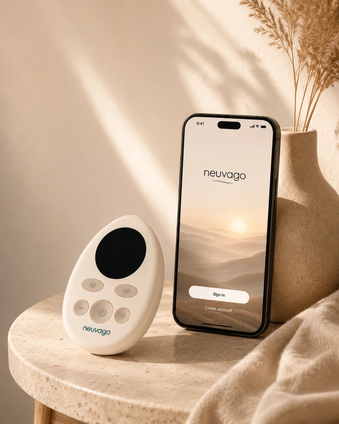 Neuvago-enheten og appen vist sammen for mobil om-side.