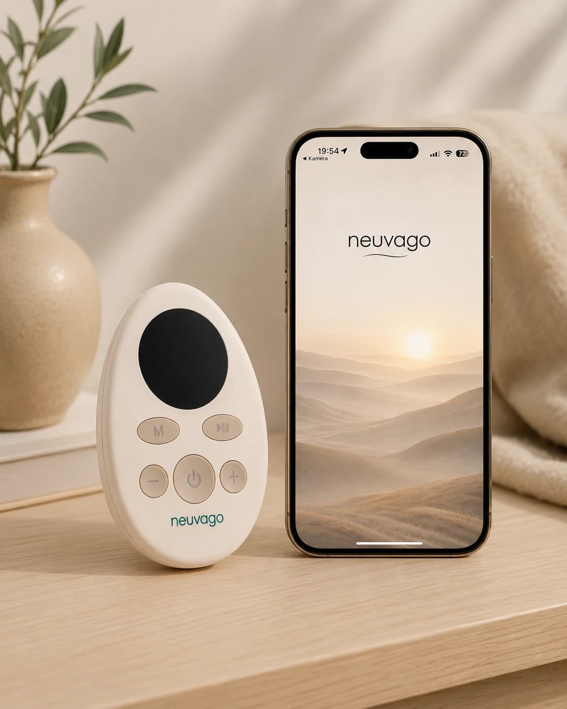 Neuvago-enheten og appen vist sammen.