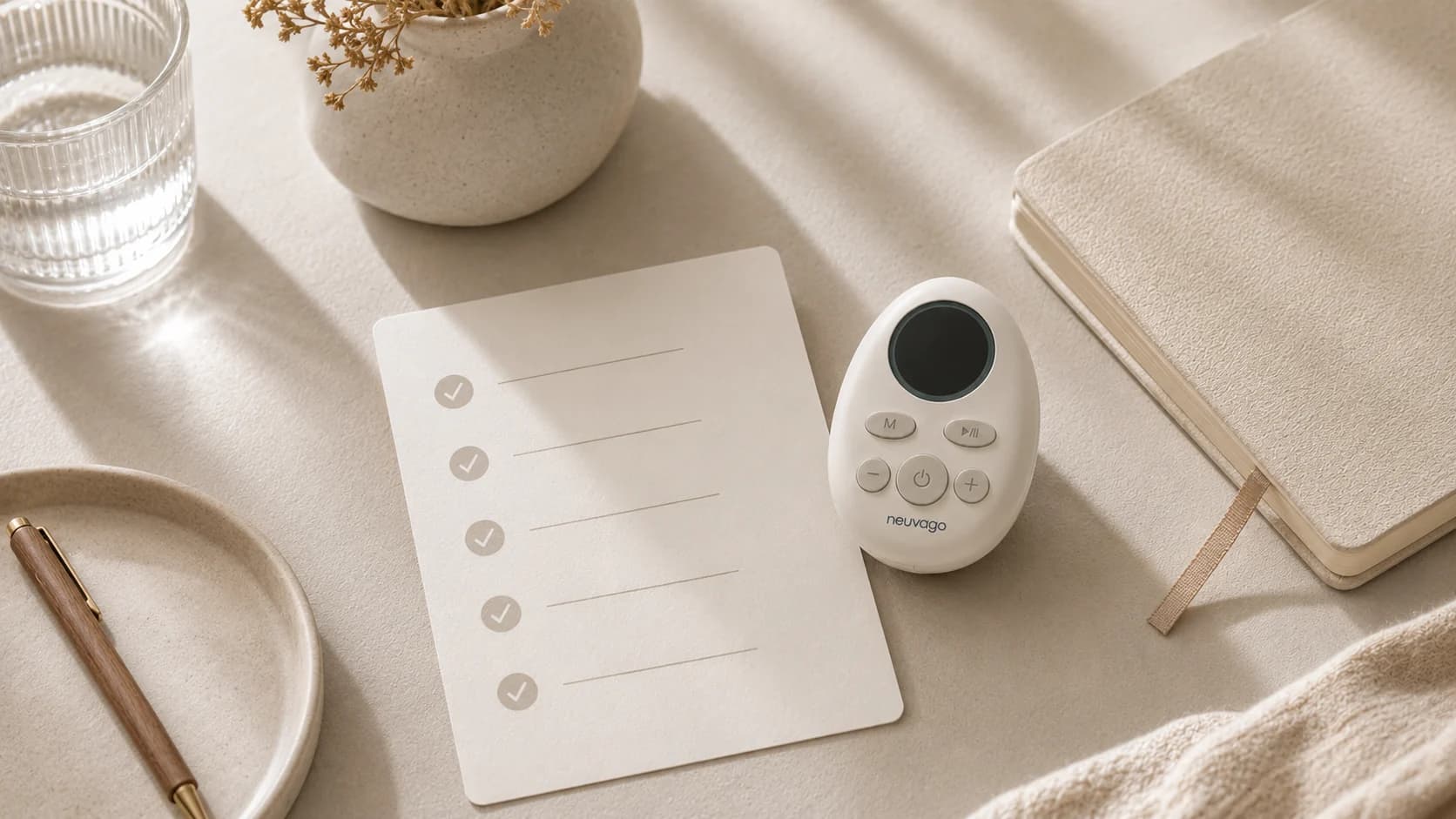 Neuvago device beside an abstract safety and tolerability checklist card.