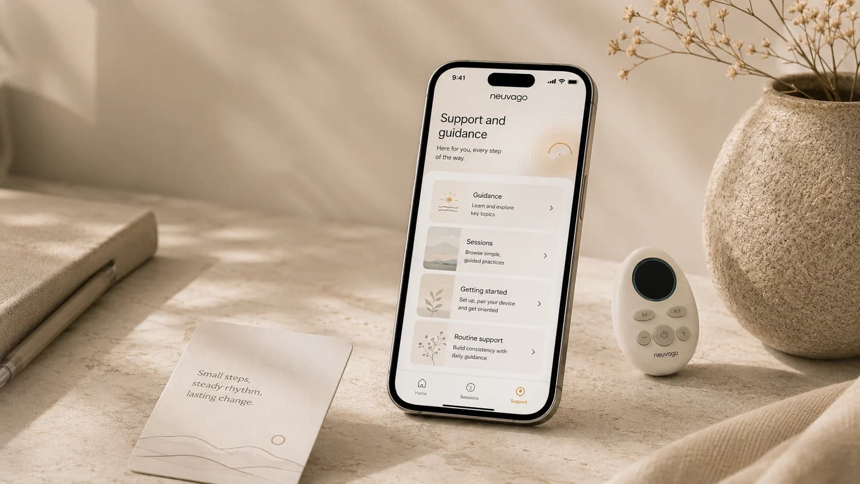 Neuvago support and guidance screen shown as the app layer that completes the product experience.